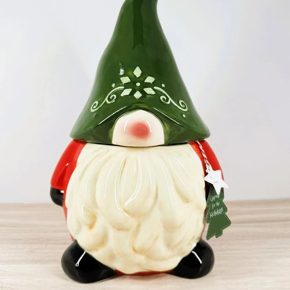 Home Essentials Christmas‎ Gnome Cookie Jar Red Green Ceramic Canister